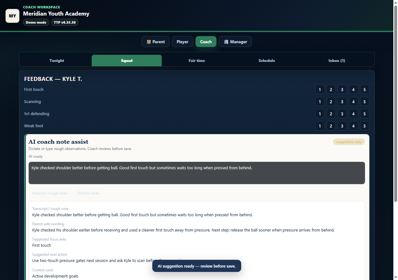 Coach - Feedback: 30 seconds a player